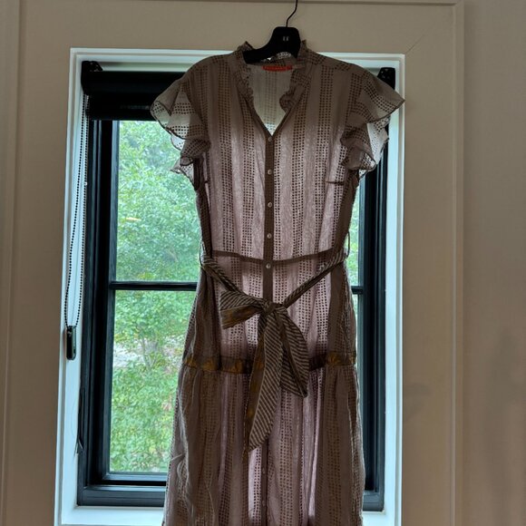 Oliphant Grey and Gold Flutter Sleeve  Belted Dress - Picture 6 of 14